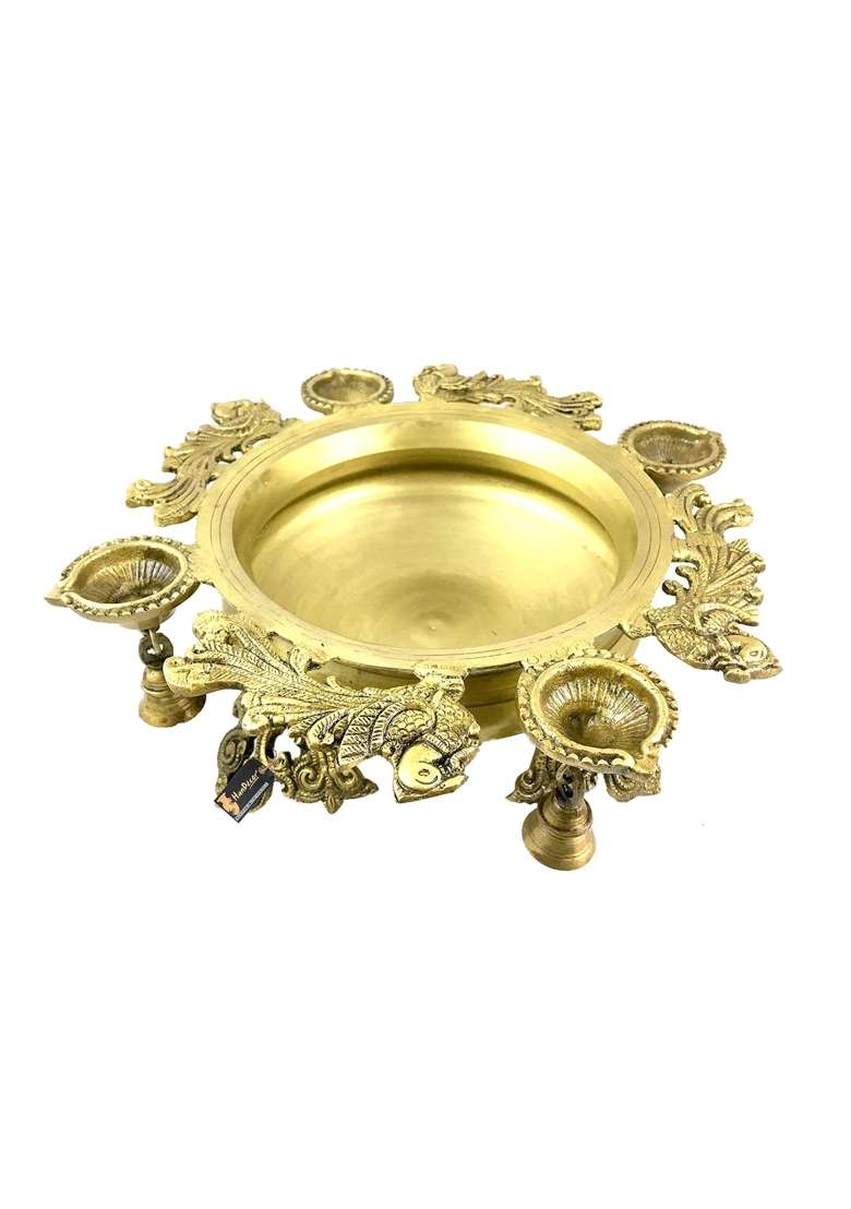 Two Moustaches Brass Peacock Design Urli with 4 Diyas 5 Inch X 13 and Half Inch X 6 Inch Model Number - Indya