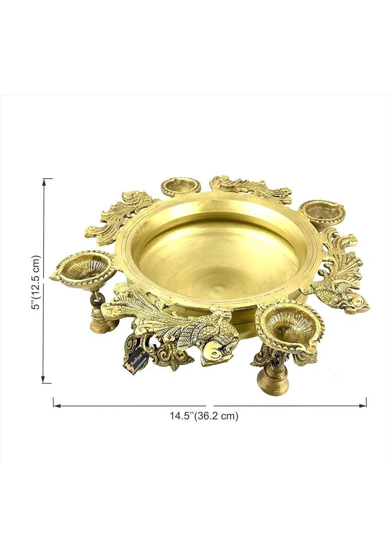 Two Moustaches Brass Peacock Design Urli with 4 Diyas 5 Inch X 13 and Half Inch X 6 Inch Model Number - Indya