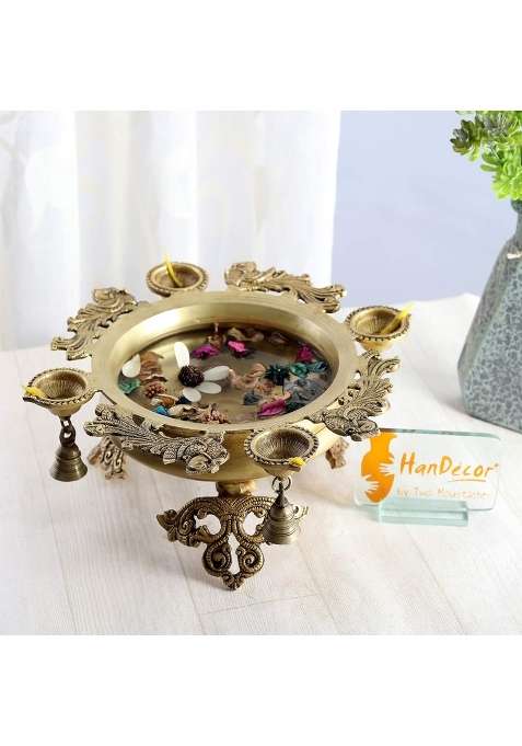 Two Moustaches Brass Peacock Design Urli with 4 Diyas 5 Inch X 13 and Half Inch X 6 Inch Model Number