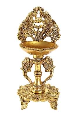 Two Moustaches Golden 9 Inches Ethnic Twin Peacock Design Brass Oil Diya with Base Diyas for Puja Pack of 1