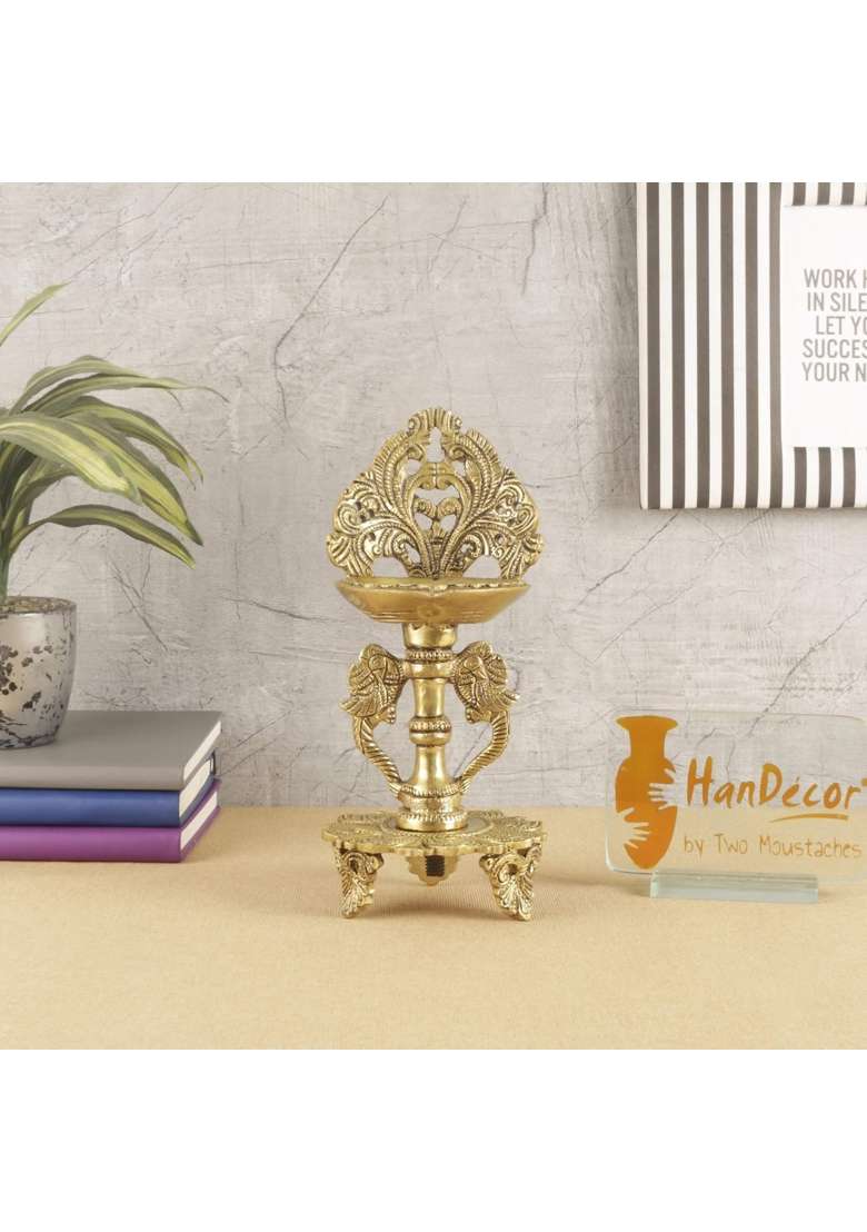 Two Moustaches Golden 9 Inches Ethnic Twin Peacock Design Brass Oil Diya with Base Diyas for Puja Pack of 1 - Indya