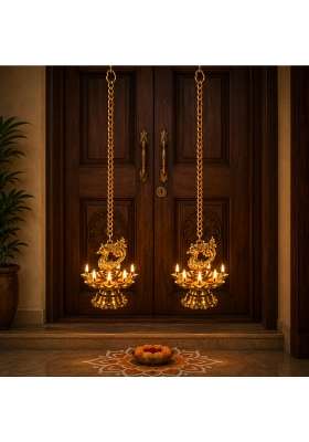 APKO Gold Handmade Antique Ethnic Peacock Design 7 Oil Wick Brass Hanging Diya Pack of 2