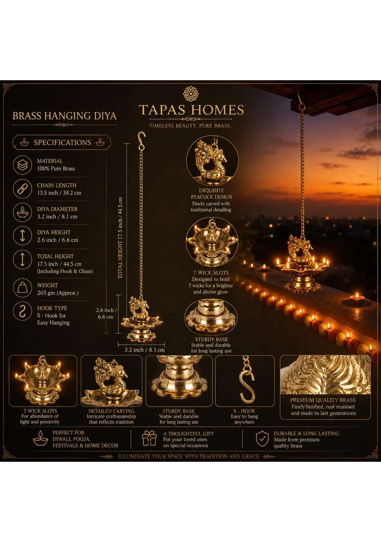 APKO Gold Handmade Antique Ethnic Peacock Design 7 Oil Wick Brass Hanging Diya Pack of 2 - Indya