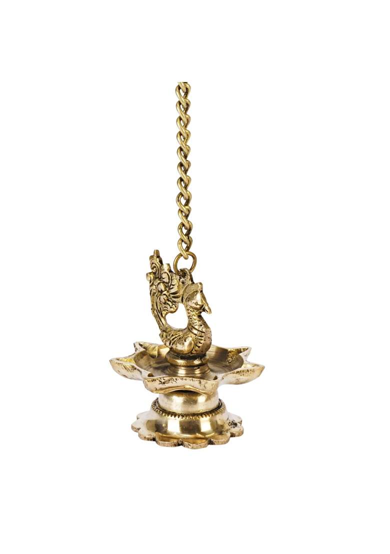 APKO Gold Handmade Antique Ethnic Peacock Design 7 Oil Wick Brass Hanging Diya Pack of 2 - Indya