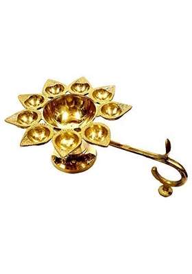 E Global Gold Brass 9 Diya Aarti Lamp with Handle Traditional Pooja Deepam
