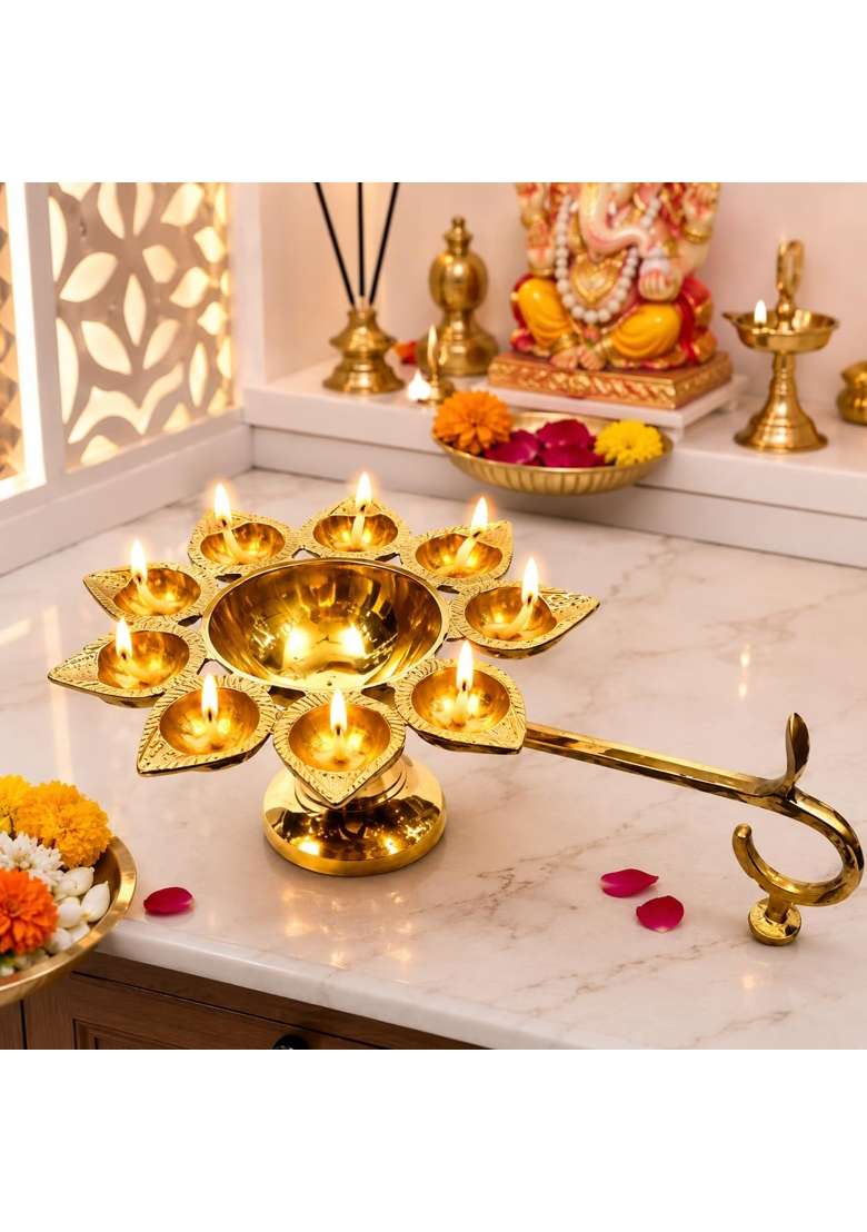 E Global Gold Brass 9 Diya Aarti Lamp with Handle Traditional Pooja Deepam - Indya