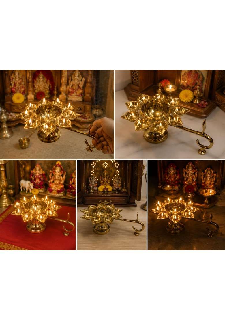 E Global Gold Brass 9 Diya Aarti Lamp with Handle Traditional Pooja Deepam - Indya
