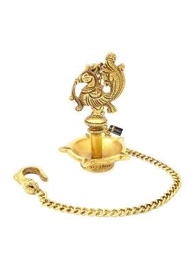 Two Moustaches Golden 4 and Half Inches Ethnic Handmade Peacock Design 5 Oil Wick Brass Hanging Diya Pack of 1