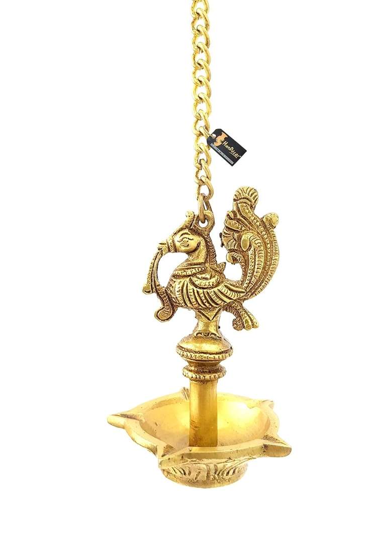 Two Moustaches Golden 4 and Half Inches Ethnic Handmade Peacock Design 5 Oil Wick Brass Hanging Diya Pack of 1 - Indya