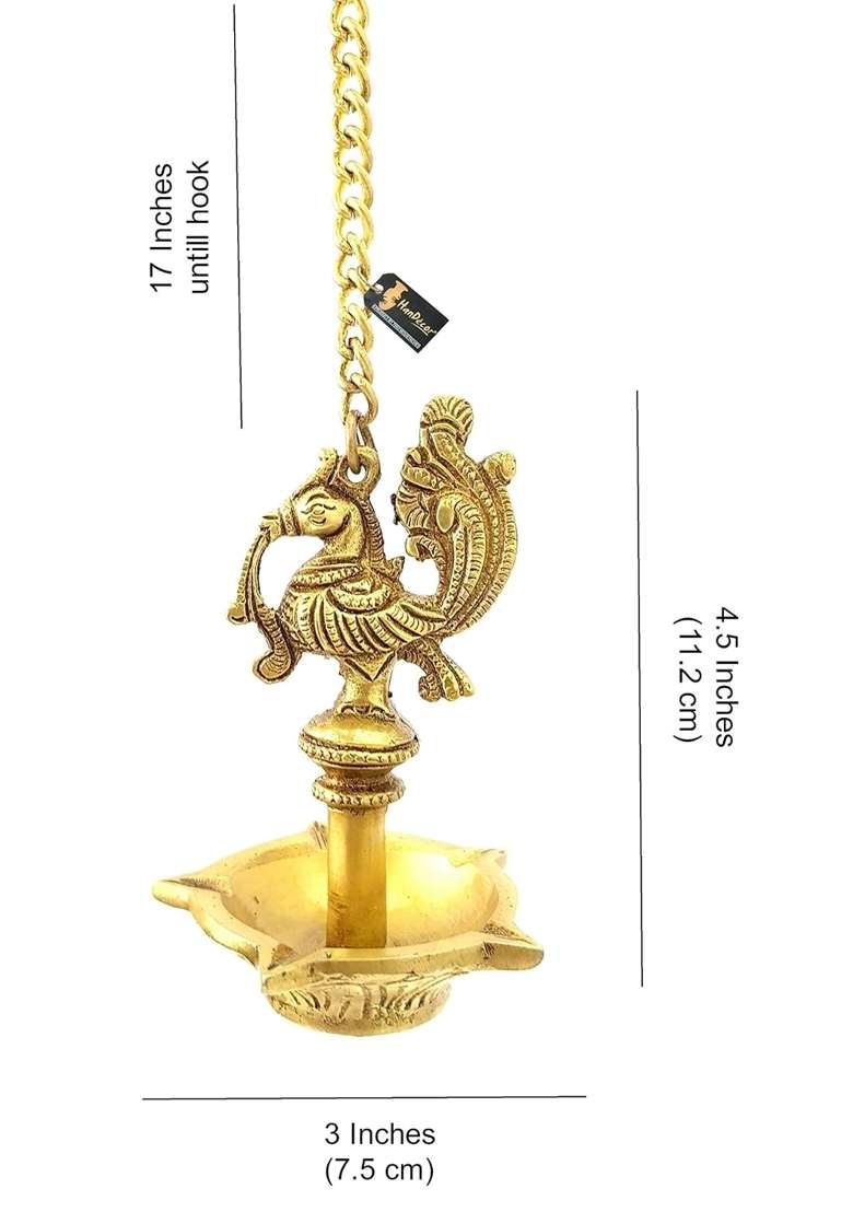Two Moustaches Golden 4 and Half Inches Ethnic Handmade Peacock Design 5 Oil Wick Brass Hanging Diya Pack of 1 - Indya
