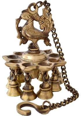 Two Moustaches Brown Peacock Design Brass Hanging Diya with Bells Diyas for Home Decoration Pack of 1