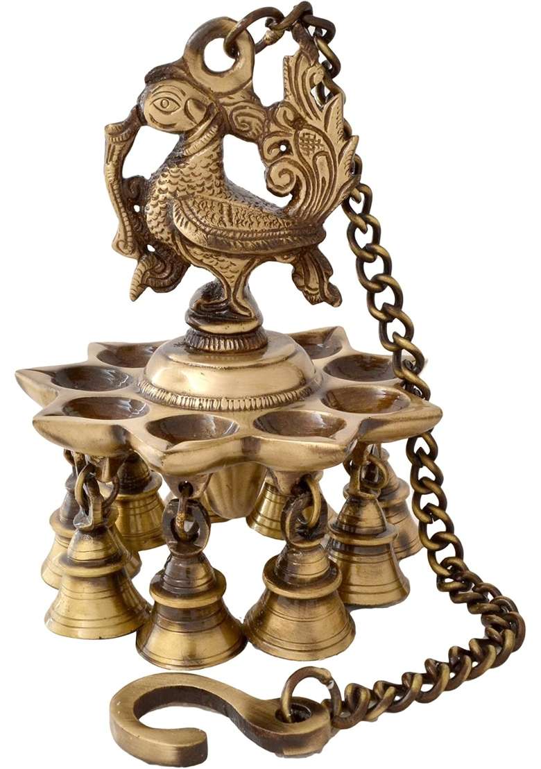 Two Moustaches Brown Peacock Design Brass Hanging Diya with Bells Diyas for Home Decoration Pack of 1 - Indya