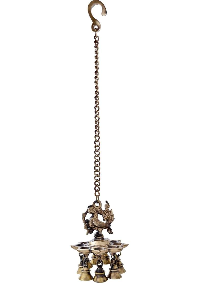 Two Moustaches Brown Peacock Design Brass Hanging Diya with Bells Diyas for Home Decoration Pack of 1 - Indya