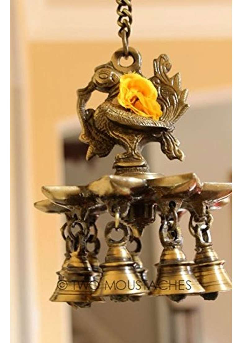 Two Moustaches Brown Peacock Design Brass Hanging Diya with Bells Diyas for Home Decoration Pack of 1 - Indya