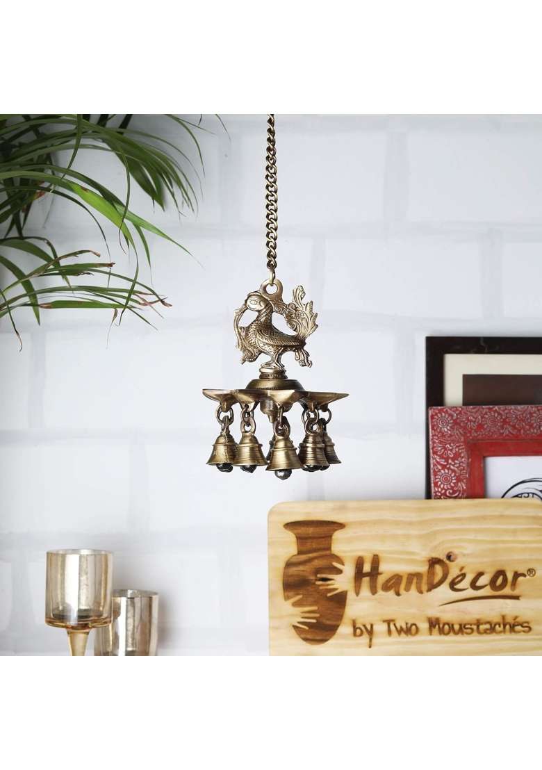 Two Moustaches Brown Peacock Design Brass Hanging Diya with Bells Diyas for Home Decoration Pack of 1 - Indya