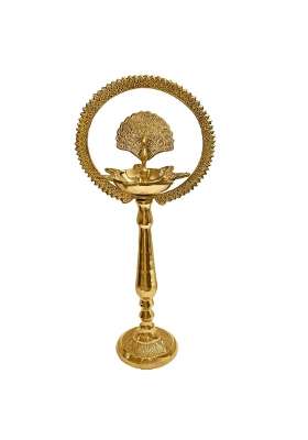Satvik Golden 12 Inch Brass Peacock Diya with Crown Kerala Samai Kuthu Vilakku Deepam Pack of 1
