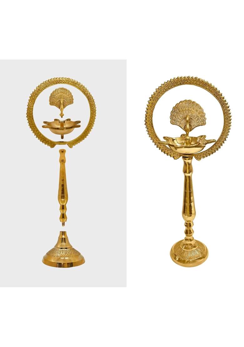 Satvik Golden 12 Inch Brass Peacock Diya with Crown Kerala Samai Kuthu Vilakku Deepam Pack of 1 - Indya