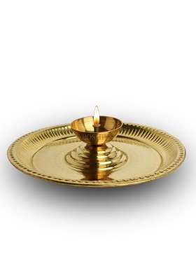 Poshify Gold Brass Aarti Plate Large Diya in Center Handcrafted Traditional Indian Plate for Puja Aarti