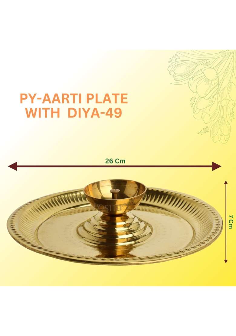 Poshify Gold Brass Aarti Plate Large Diya in Center Handcrafted Traditional Indian Plate for Puja Aarti - Indya