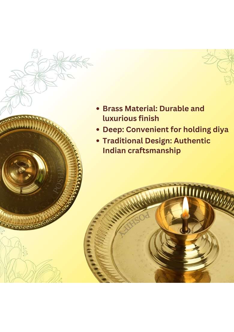 Poshify Gold Brass Aarti Plate Large Diya in Center Handcrafted Traditional Indian Plate for Puja Aarti - Indya