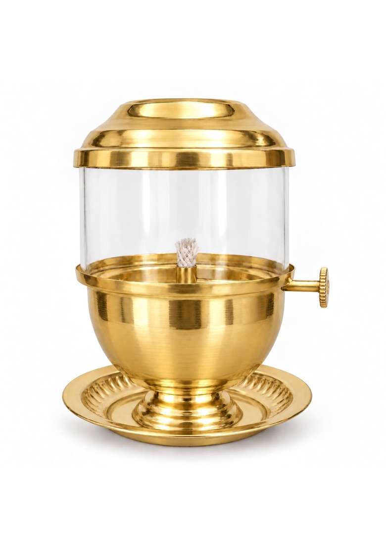 Gold Pure Brass Akhand Jyot Diya for Puja with Adjustable Wick Screw Knob Borosilicate Glass Cover - Indya