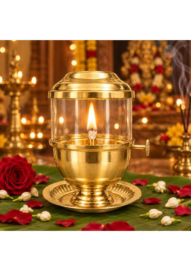 Gold Pure Brass Akhand Jyot Diya for Puja with Adjustable Wick Screw Knob Borosilicate Glass Cover - Indya