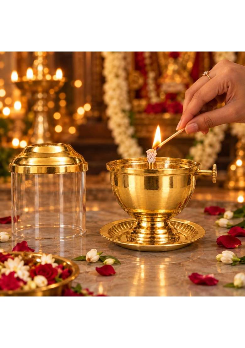 Gold Pure Brass Akhand Jyot Diya for Puja with Adjustable Wick Screw Knob Borosilicate Glass Cover - Indya