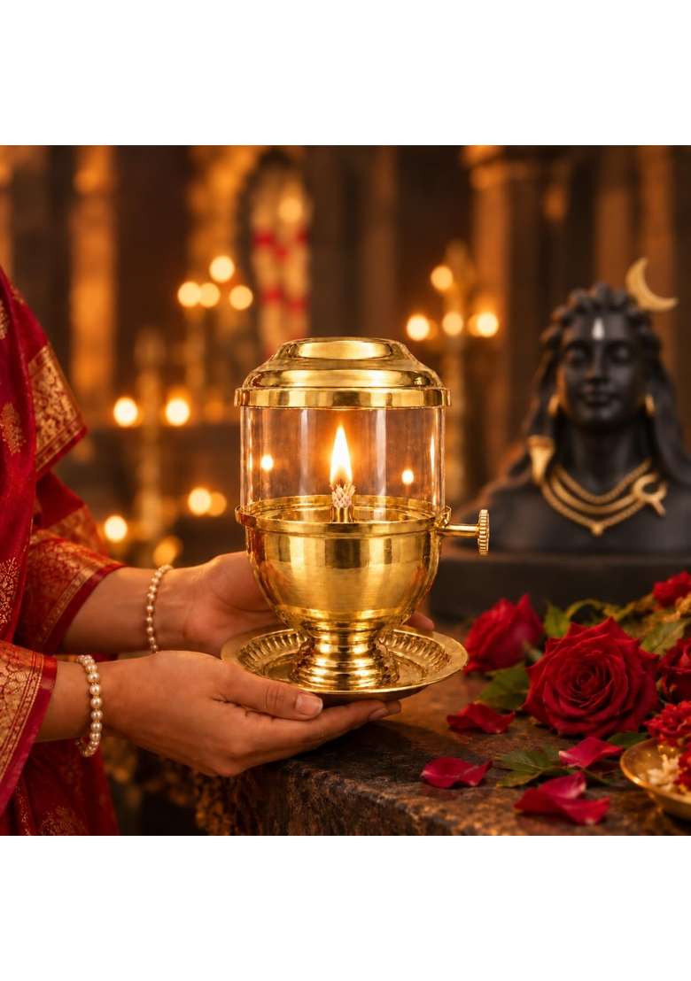 Gold Pure Brass Akhand Jyot Diya for Puja with Adjustable Wick Screw Knob Borosilicate Glass Cover - Indya