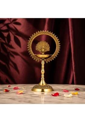 Divine Peacock Chakra Brass Diya Handcrafted Mayur Pillar Deepam Traditional Oil Lamp for Pooja Room Temple