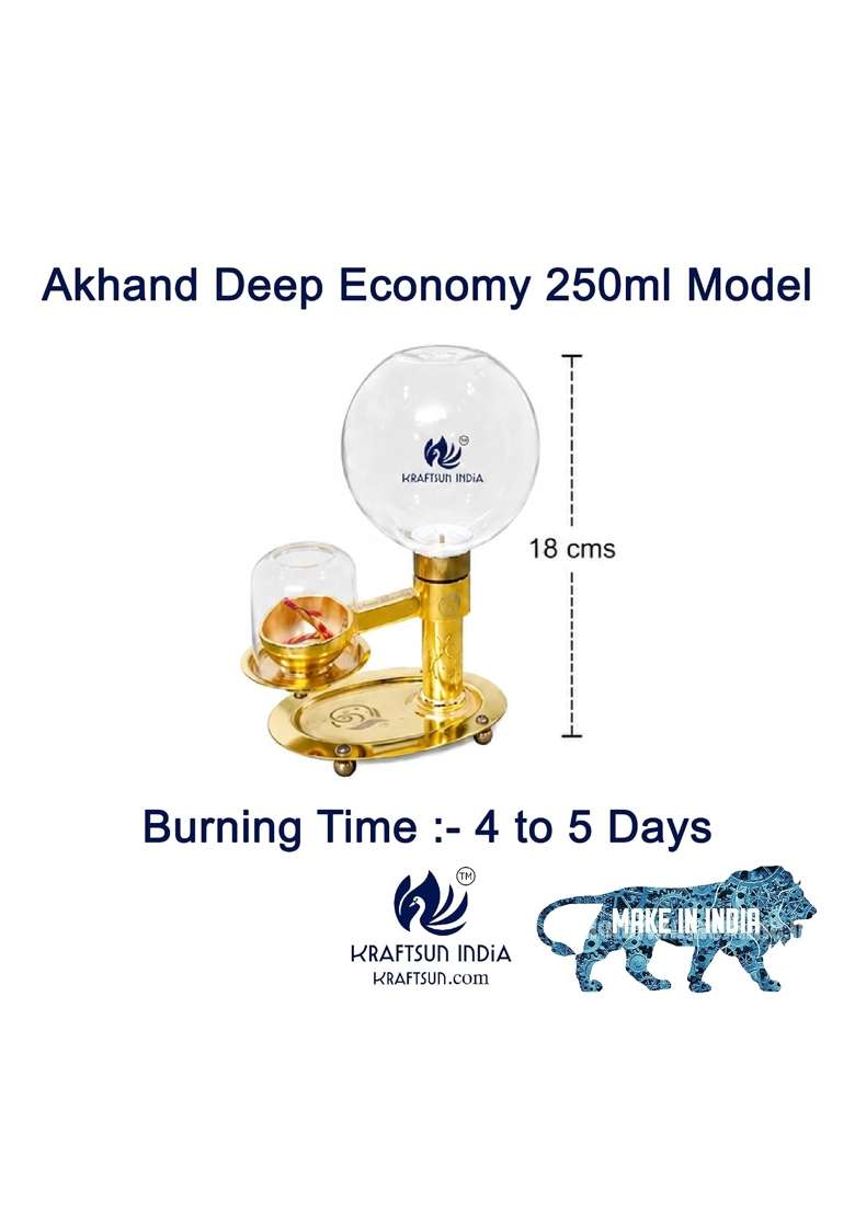 Kraftsun India Akhand Deep Brass Diya with Glass Oil Container 250 ML - Indya