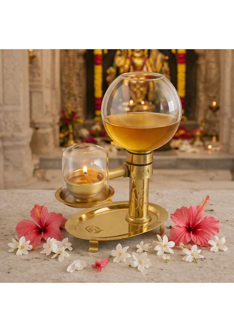 Kraftsun India Akhand Deep Brass Diya with Glass Oil Container 250 ML - Indya