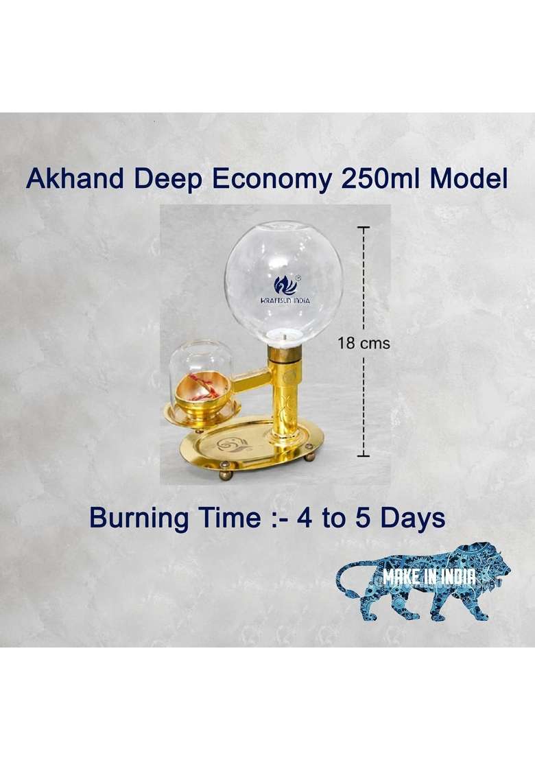 Kraftsun India Akhand Deep Brass Diya with Glass Oil Container 250 ML - Indya