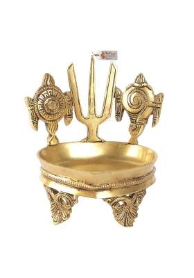 Two Moustaches Gold Shankh Chakra Namah Design Brass Diya Over Carved Legs Deepam Oil for Pooja Pack of 1