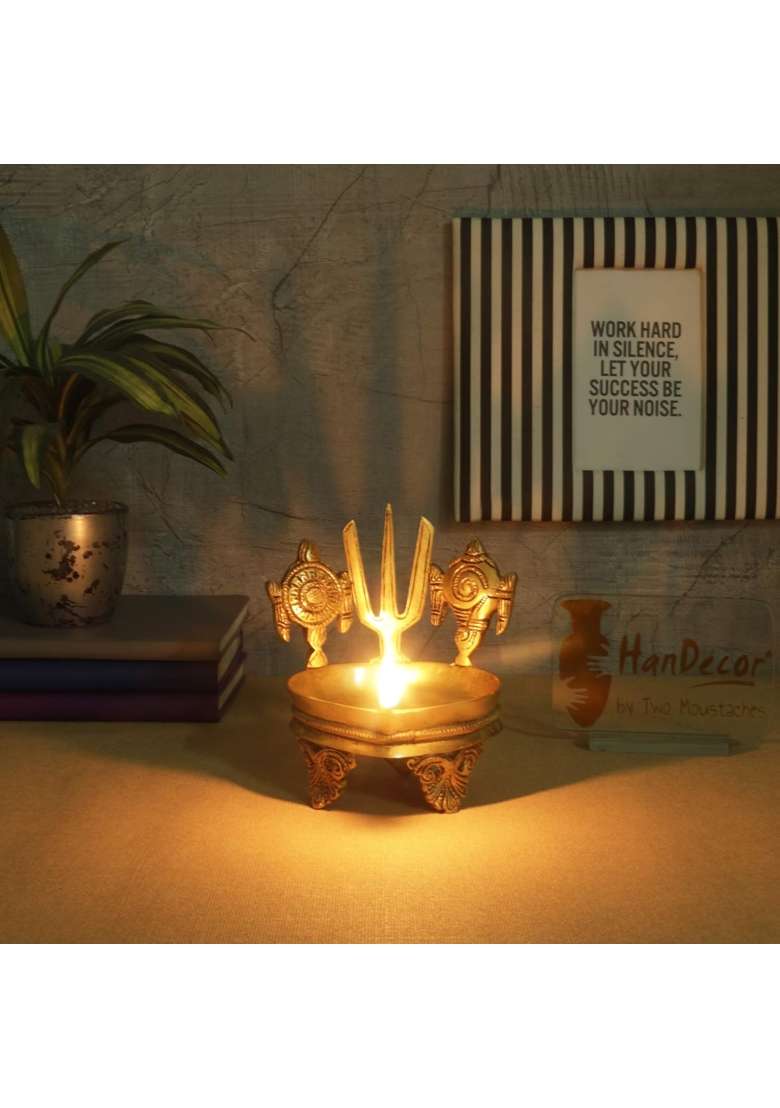 Two Moustaches Gold Shankh Chakra Namah Design Brass Diya Over Carved Legs Deepam Oil for Pooja Pack of 1 - Indya