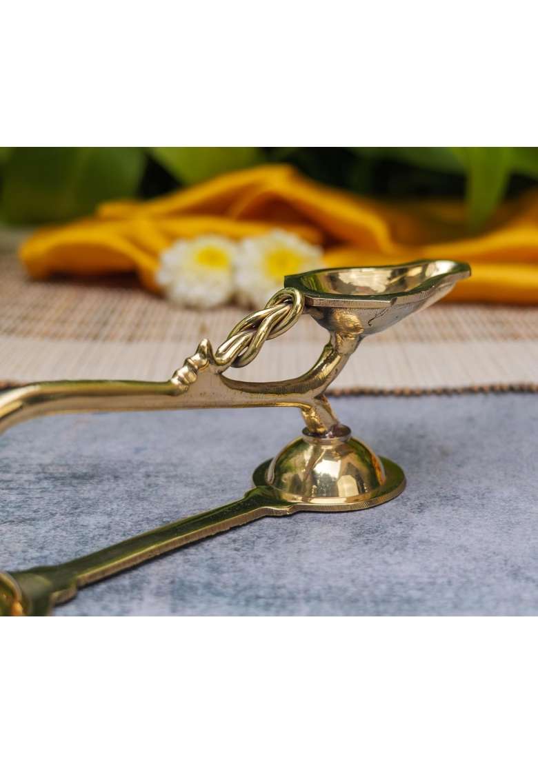 Ambi Home Brass Pooja Diya Traditional Spoon Shaped Aarti Lamp with Long Handle Gold Finish 8 Point 25 Inches - Indya