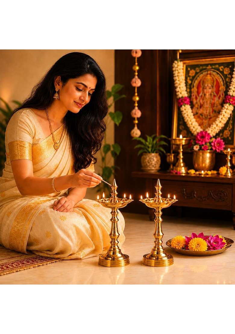 Tia Crafts Golden Brass Samai Diya for Pooja Kuthu Vilakku Kerala Nilavilakku Pack of 2 - Indya