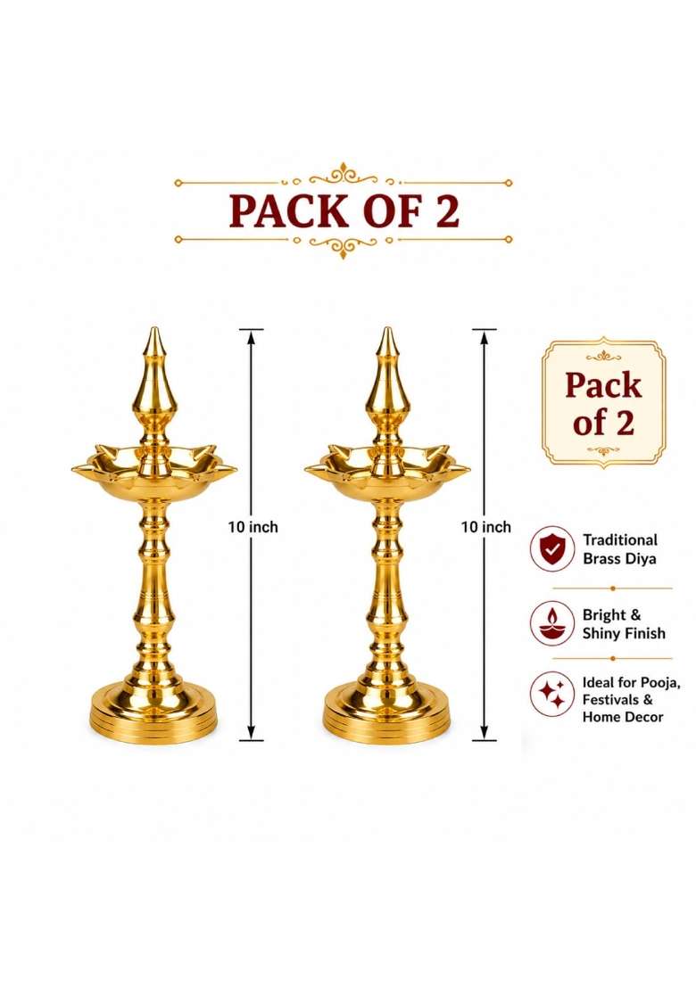 Tia Crafts Golden Brass Samai Diya for Pooja Kuthu Vilakku Kerala Nilavilakku Pack of 2 - Indya
