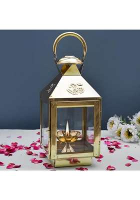 Houzzplus Gold Handicraft Akhand Diya with Glass Cover Brass Akhand Diya for Home Temple Puja