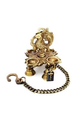 Two Moustaches Peacock Design 4 Oil Wick Brass Hanging Diya for Home Decor Standard Pack of 1
