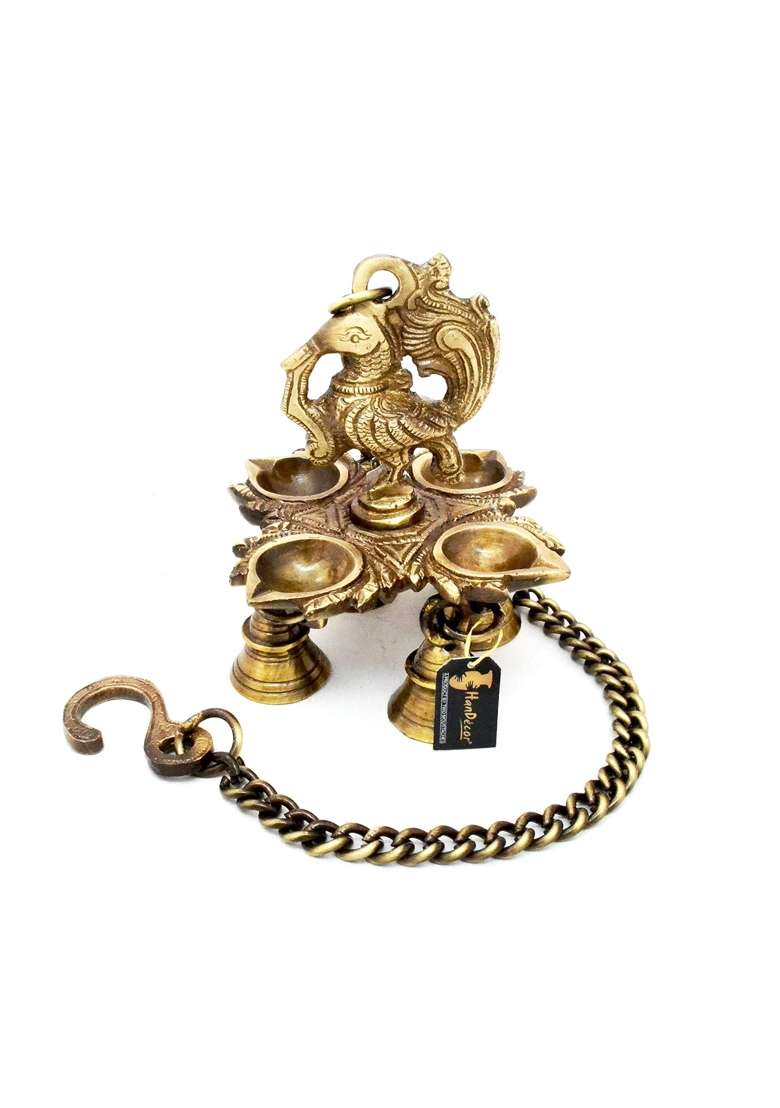 Two Moustaches Peacock Design 4 Oil Wick Brass Hanging Diya for Home Decor Standard Pack of 1 - Indya