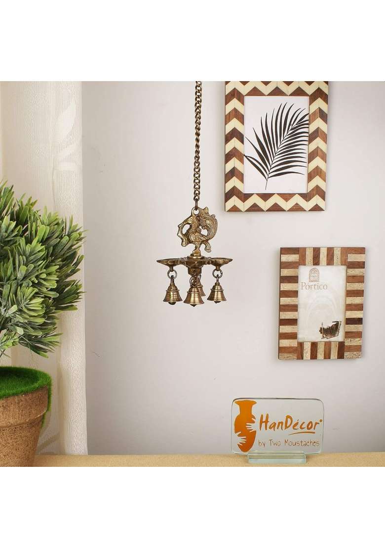 Two Moustaches Peacock Design 4 Oil Wick Brass Hanging Diya for Home Decor Standard Pack of 1 - Indya
