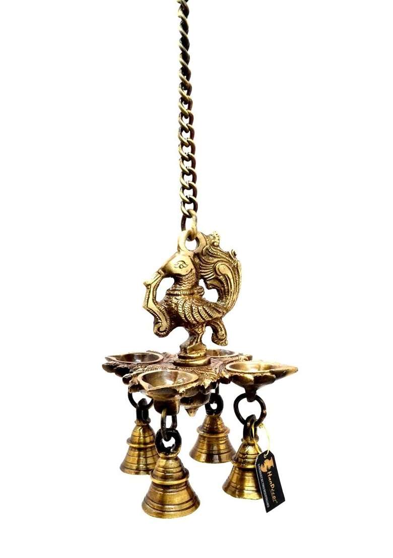 Two Moustaches Peacock Design 4 Oil Wick Brass Hanging Diya for Home Decor Standard Pack of 1 - Indya