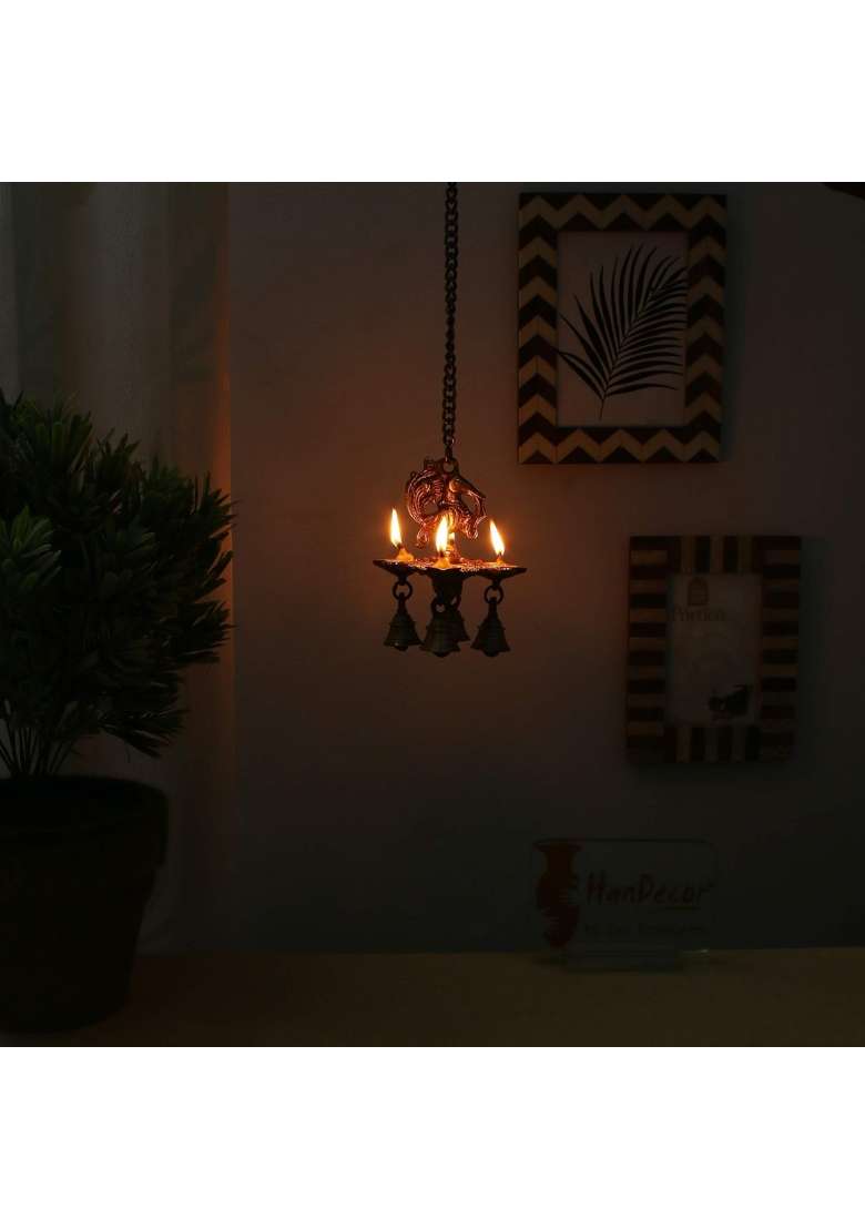 Two Moustaches Peacock Design 4 Oil Wick Brass Hanging Diya for Home Decor Standard Pack of 1 - Indya