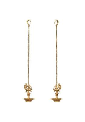 Aargkraft Handcrafted Traditional Brass Hanging Peacock Diya with Chain Oil Lamp Set of 2