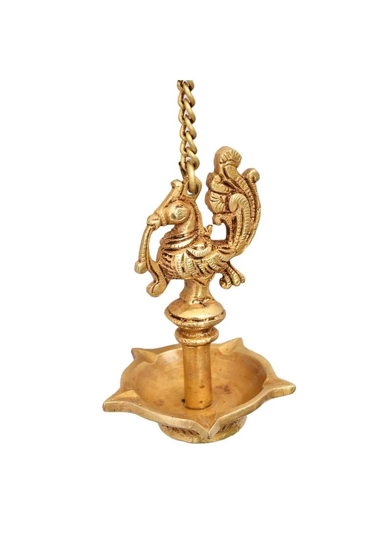 Aargkraft Handcrafted Traditional Brass Hanging Peacock Diya with Chain Oil Lamp Set of 2 - Indya