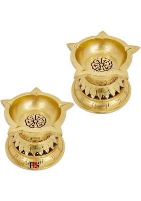 Gold Diya Brass Small Size Deepak Pooja Aarti Brass Akhand Diya for Puja Set Small Deepam Oil Lamp Set of 2