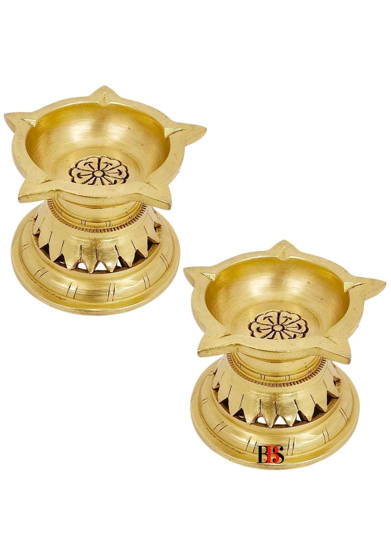 Gold Diya Brass Small Size Deepak Pooja Aarti Brass Akhand Diya for Puja Set Small Deepam Oil Lamp Set of 2 - Indya