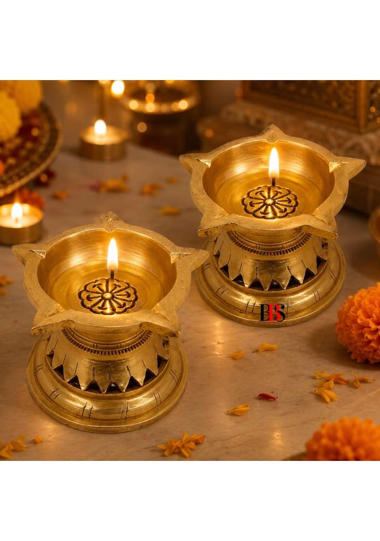 Gold Diya Brass Small Size Deepak Pooja Aarti Brass Akhand Diya for Puja Set Small Deepam Oil Lamp Set of 2 - Indya
