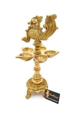 Two Moustaches Premium Peacock Design 5 Oil Wick Brass Diya Weight 1 Point 3 KG Inch X 4 Inch X 9 Inch