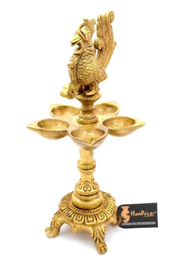 Two Moustaches Premium Peacock Design 5 Oil Wick Brass Diya Weight 1 Point 3 KG Inch X 4 Inch X 9 Inch - Indya
